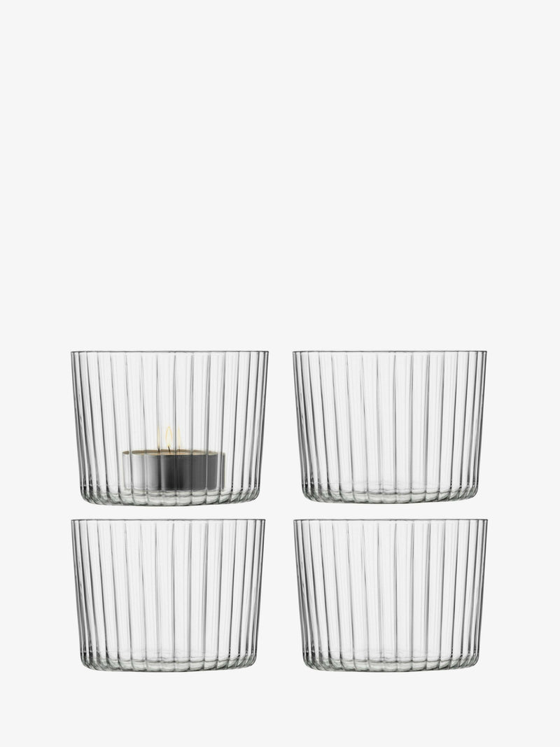 LSA International GIO Tealight Holder set of four fine-walled holders, stackable and versatile for candles, nuts, or desserts, ideal for elegant dining and decor.