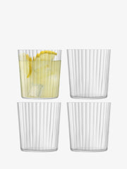LSA International | GIO Line Drinkware Linear set of 4 glasses, 13 oz each, featuring a linear textured finish, stackable and dishwasher-safe, ideal for versatile kitchen use.