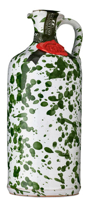 Frantoio Galantino Extra Virgin Olive Oil in Ceramic Jug features a hand-painted green bottle with a red wax seal, highlighting artisanal craftsmanship.