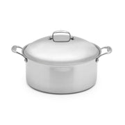 Heritage Steel stockpot with lid, ideal for cooking soups and stews, featuring high sides suitable for large-scale cooking tasks.