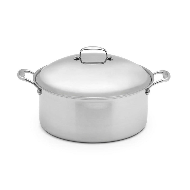 Heritage Steel stockpot with lid, ideal for cooking soups and stews, featuring high sides suitable for large-scale cooking tasks.