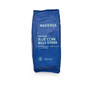 Masienda | Heirloom Corn Masa Harina - Blue Corn package featuring detailed product information on a blue background, ideal for making authentic Mexican dishes.