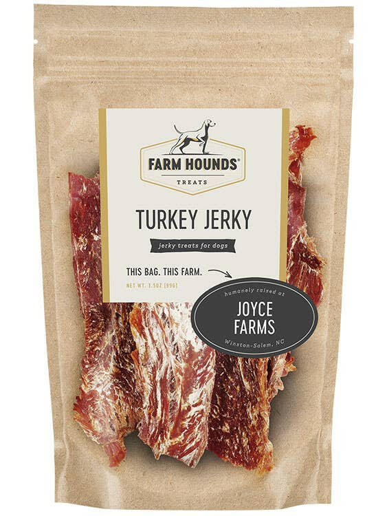 Farm Hounds | Jerky Treats - Turkey Jerky package, showcasing 100% dehydrated, pasture-raised poultry muscle meat, ideal for rewarding or training dogs.