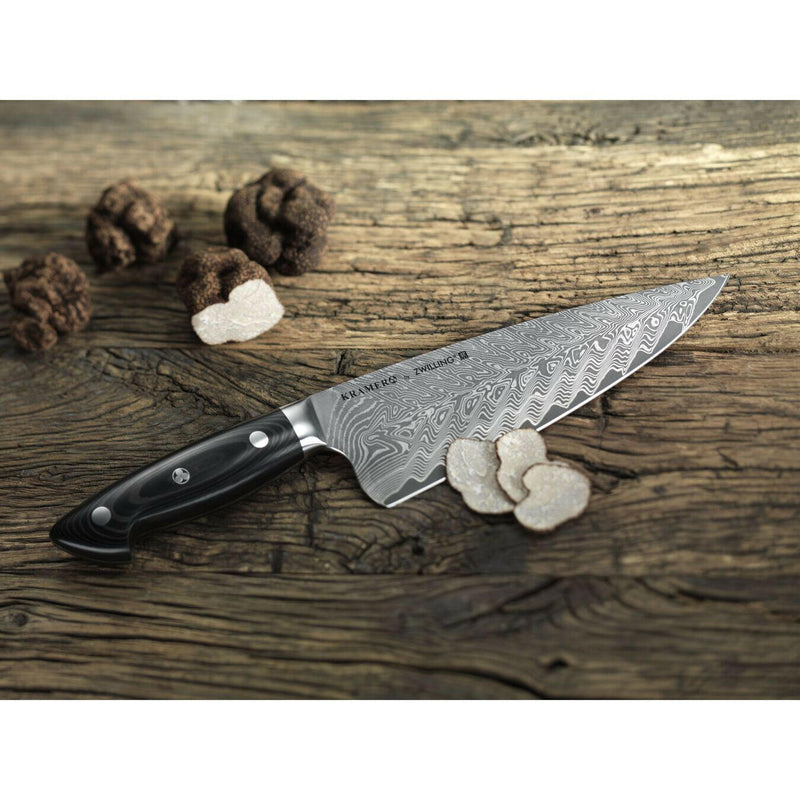 Zwilling | Kramer Damascus Knife Collection - 12 Double Cut Honing Steel, featuring a wide, 101-layer Chevron Damascus blade for precision, crafted by Japanese artisans.