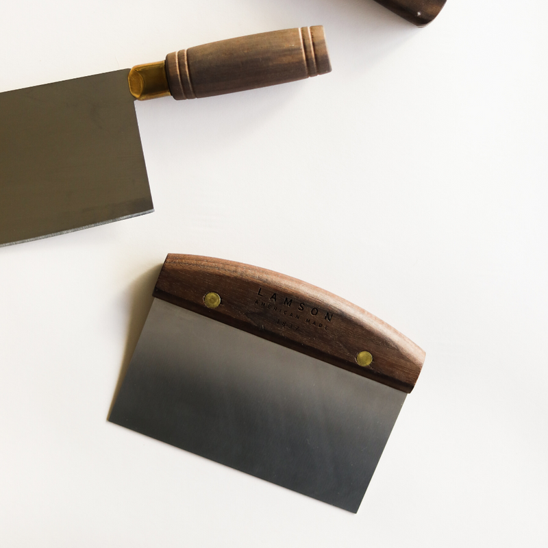 Lamson Dough Scraper with Walnut Handle, 3 x 6, ideal for lifting dough and scraping surfaces; a versatile tool for any kitchen.