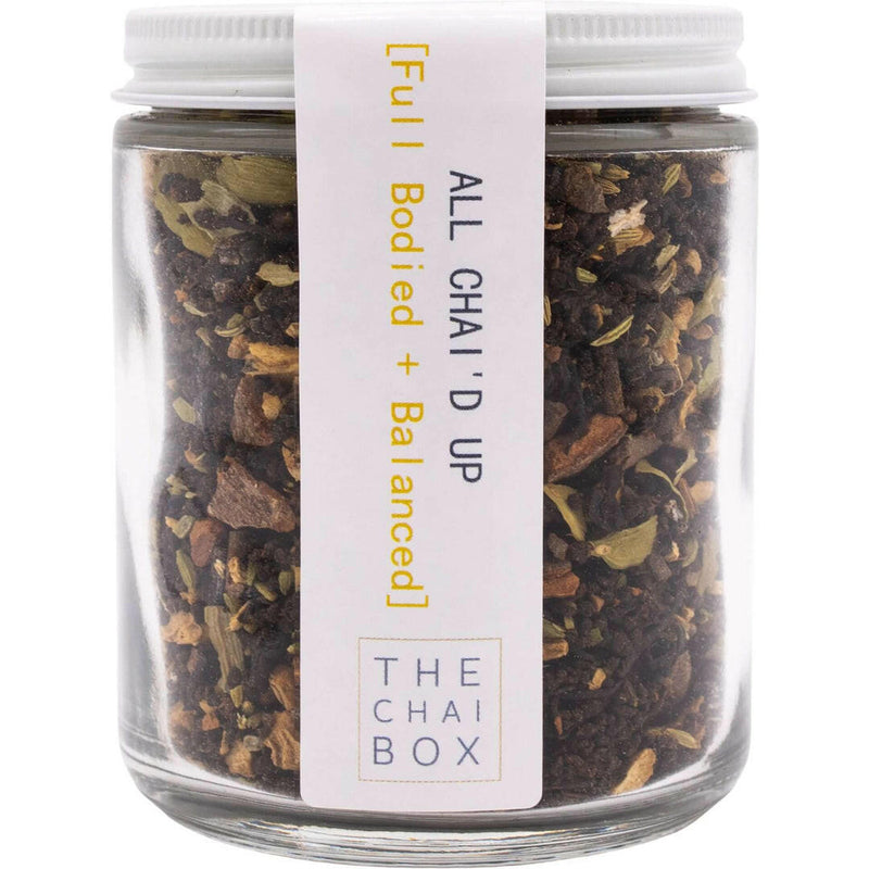 The Chai Box | Loose Leaf Teas (4 oz jar) - All Chai’d Up, featuring a close-up of the product's logo and lid on a white surface.