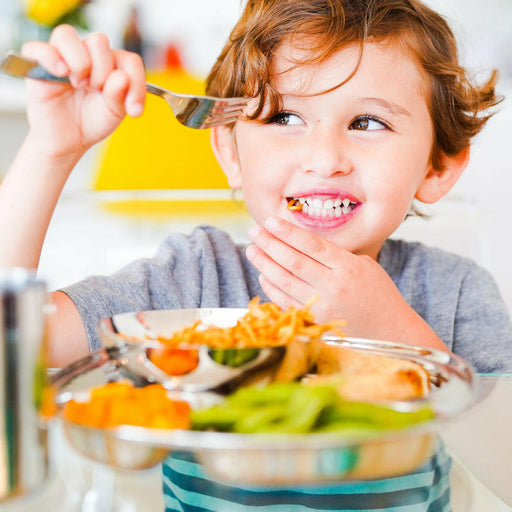 Ahimsa | Stainless Steel Kids Dishes - Fork + Spoon Set - Classic, shown with a close-up of the spoon, ideal for promoting healthy eating in toddlers.