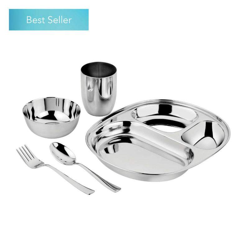 Ahimsa | Stainless Steel Kids Dishes - Fork + Spoon Set - Classic; close-up of stainless steel fork and spoon, designed for healthy child eating habits.