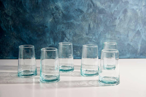 Moroccan Cone Glassware Large - Clear - Set of 6, showcasing hand-blown design with suspended bubbles, organic shapes, and made from recycled bottles, ideal for drinks or small vases.
