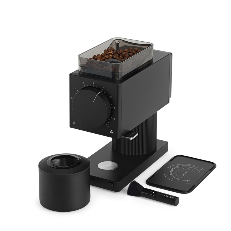 Fellow | Ode Brew Grinder Gen 2 - Matte White, featuring upgraded Gen 2 Brew Burrs and anti-static technology for versatile, mess-free coffee grinding.
