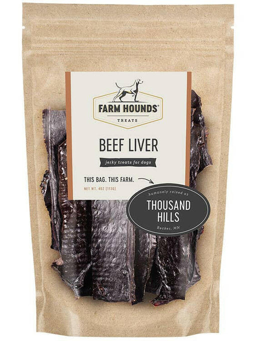 Farm Hounds | Organ Treats - Beef Liver - 4 oz. package, showcasing 100% dehydrated beef liver dog treats, emphasizing nutrient-rich content and transparent sourcing from American farms.