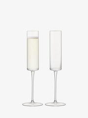 LSA International Otis Glassware Collection Champagne Flute, featuring a sleek, cylindrical bowl with an angular profile and hand-shaped elegant stem, showcases modern craftsmanship.