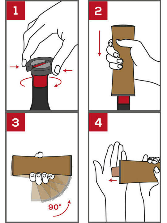 Peugeot | Elis Reverse Rechargeable Electric Corkscrew - Black shown with a four-panel instruction sheet for easy bottle opening using a foil cutter and lever-style corkscrew.