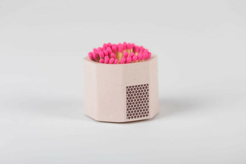 Tenn Prairie Match Holders with Striker: Hand-poured concrete holder with cork bottom, includes 70 pink matches and striker pad, ideal for safe kitchen use.