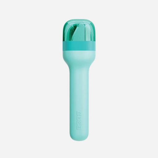 Zoku | Pocket Utensil Sets - Charcoal, featuring a compact blue cylinder case with a green handle, containing a fork, spoon, and knife. Perfect for on-the-go dining.