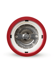 Peugeot | Paris Chef u'Select Passion Red Pepper Mill underside showing grinding mechanism with red housing, white spacer, and serrated metal burr stamped Peugeot France.