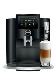 Jura | S8 - Fully Automatic Espresso + Coffee Machine in Piano Black, featuring a sleek design, touchscreen display, and Professional Fine Foam Frother for premium coffee experiences.