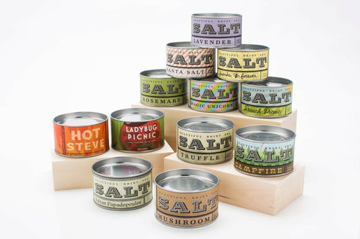 Close-up of Beautiful Briny Sea's Sultan Papadopoulos sea salt can, highlighting gourmet blends crafted to enhance culinary dishes with unique flavors.