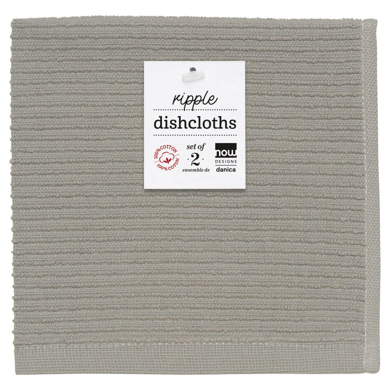 Danica | Ripple Dishcloths | Set of Two - Greenbriar, featuring ribbed terry cloth for effective cleaning, close-up of logo and fabric pattern, ideal for kitchen use.