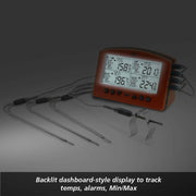 ThermoWorks Signals BBQ Alarm Thermometer with WiFi & Bluetooth monitors meat temperatures with 4 channels, featuring a backlit display and durable design for professional cooking.