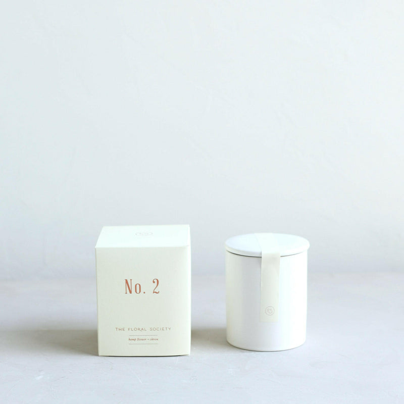 The Floral Society | Soy Wax Candle - No. 2 | Hemp Flower + Citron, hand-poured in Massachusetts, in a reusable ceramic vessel, ideal for energizing kitchen or workspace.