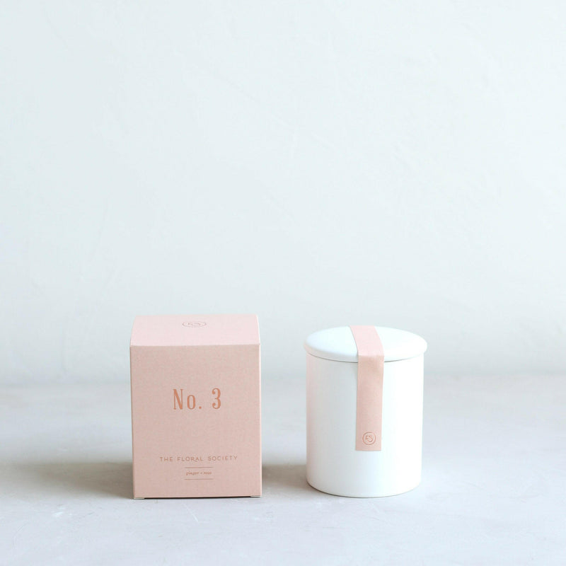 The Floral Society | Soy Wax Candle - No. 3 | Ginger + Rose, in a ceramic vessel, ideal for soothing ambience in living spaces or baths.