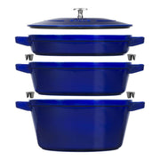 Staub | Stackable 4-in-1 Cast Iron Cookware Set - Graphite, featuring a cocotte, braiser, and grill pan with universal lid, designed for efficient kitchen storage.