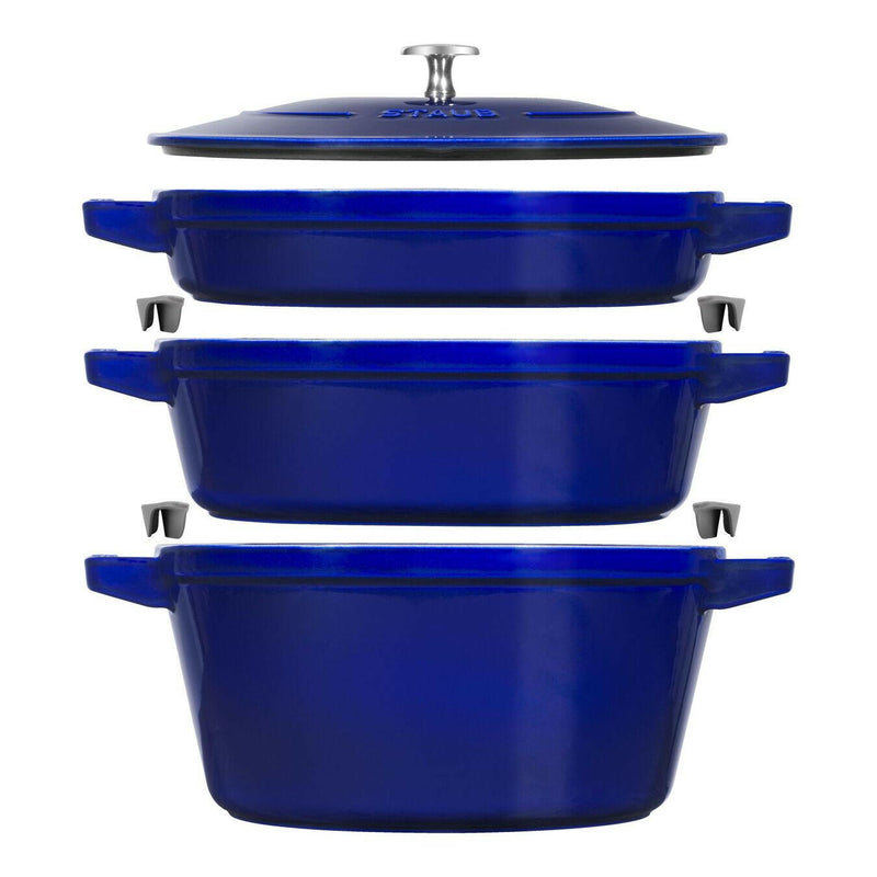 Staub | Stackable 4-in-1 Cast Iron Cookware Set - Graphite, featuring a cocotte, braiser, and grill pan with universal lid, designed for efficient kitchen storage.