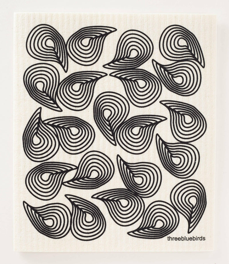 Close-up of Three Bluebirds Swedish Dishcloths | Swedish Dishcloths - Gerti, showcasing a whimsical black and white animal illustration pattern. Eco-friendly, durable, and biodegradable kitchen essential.