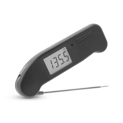ThermoWorks Thermapen ONE - Purple, featuring easy battery access, auto-rotating display, motion-sensing mode, and waterproof design, ideal for precise, quick cooking measurements.