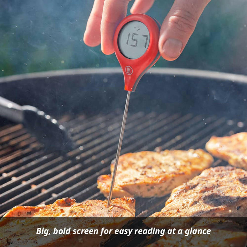ThermoWorks ThermoPop 2 Thermometer, ergonomic and waterproof, features a 1 ¼-inch auto-rotating screen, offering quick, accurate temperature readings for versatile kitchen use.