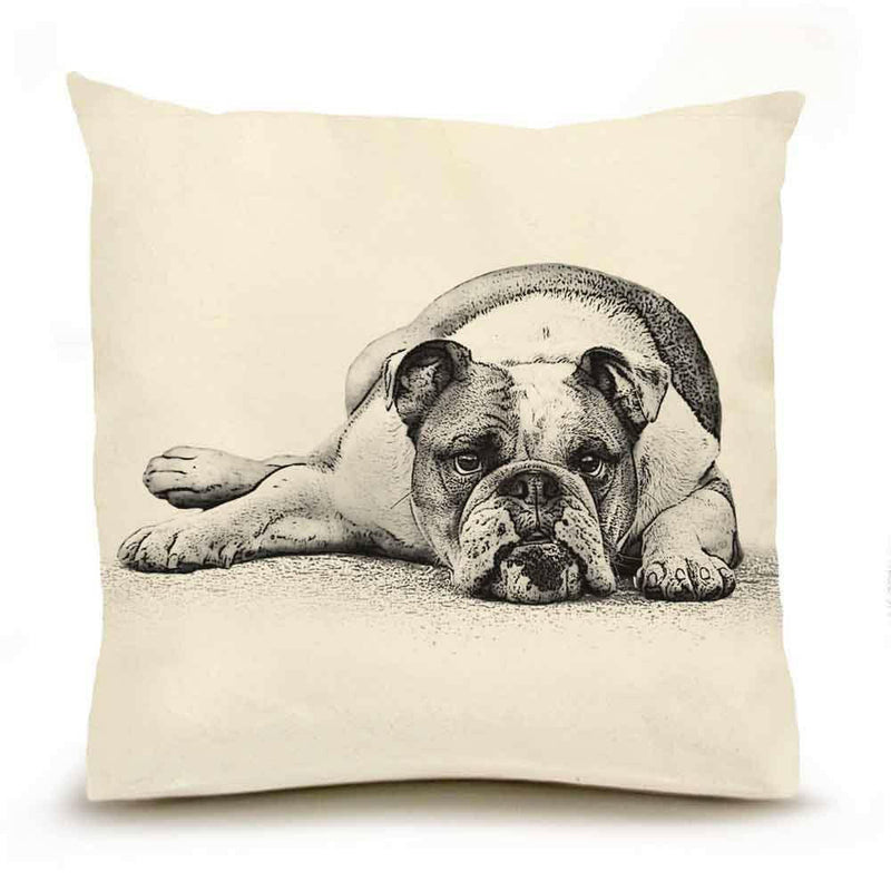 Eric and Christoper large throw pillow featuring a bulldog design on natural cotton canvas, measuring 20” x 20”, with a removable insert and envelope back.