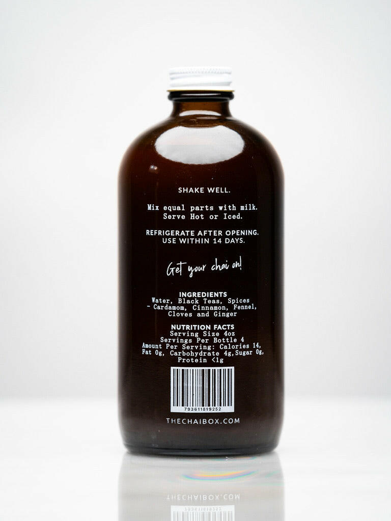 The Chai Box | Chai Concentrate - Unsweetened bottle, perfect for quick homemade chai using premium organic ingredients.