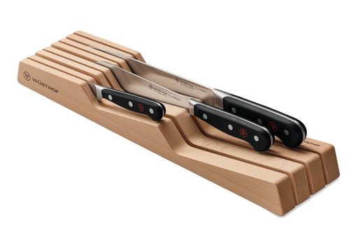Wüsthof | In-Drawer Knife Tray - Small: Beech wood tray holds up to seven knives, fits neatly in drawers, dimensions 17 L x 4 W x 2 H.