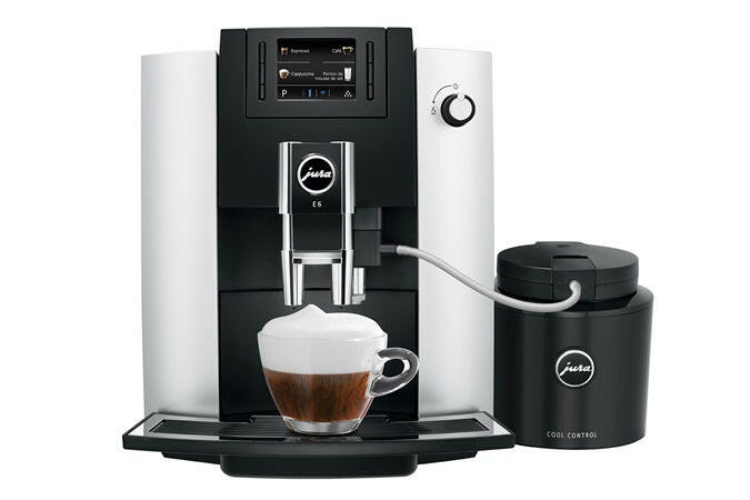 Jura | E6 - Fully Automatic Espresso + Coffee Machine, featuring AromaG3 grinder and Pulse Extraction Process, displayed with a user-friendly TFT color display.