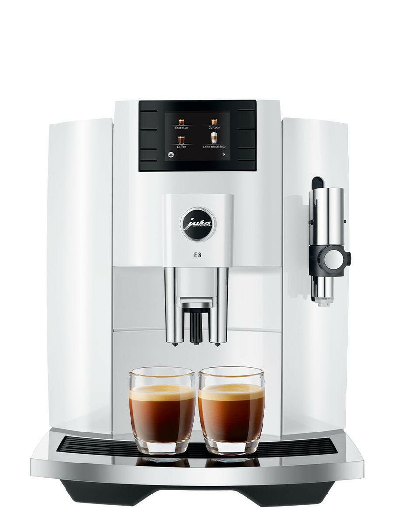 JURA E8 Coffee Machine, Piano Black, showcasing its sleek design and advanced features for brewing 17 specialty coffees, ideal for coffee enthusiasts.
