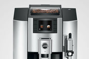 Jura E8 - Fully Automatic Espresso + Coffee Machine in Piano Black, featuring a sleek design, Professional Aroma Grinder, and TFT display, ideal for coffee enthusiasts.