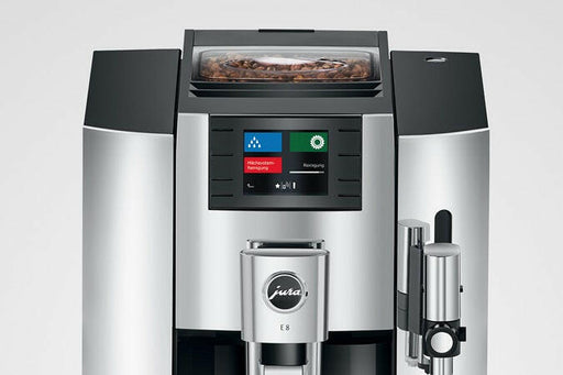 Jura | E8 - Fully Automatic Espresso + Coffee Machine featuring sleek design, Professional Aroma Grinder, and TFT display for effortless brewing of 17 specialty coffees.