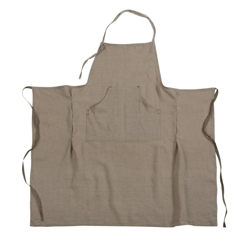 Sir|Madam Linen Grand Apron - Natural: Close-up of apron with brass rivets, adjustable neck loop, side vents, and waist compartments, embodying Athens Cooks' curated kitchen essentials.