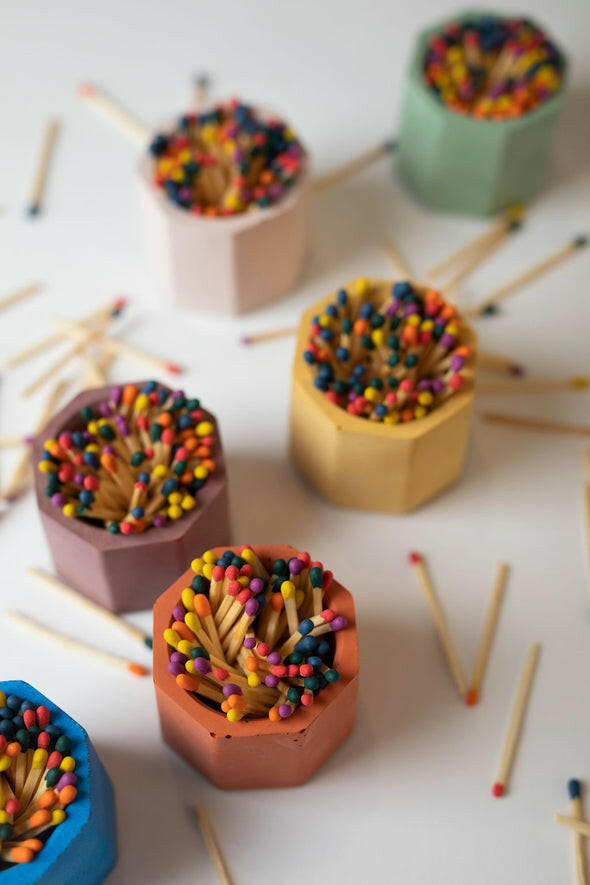 Tenn Prairie | Match Holders with Striker + Matches: Hand-poured concrete holder with cork bottom, containing 70 matches and a striker pad for easy lighting.