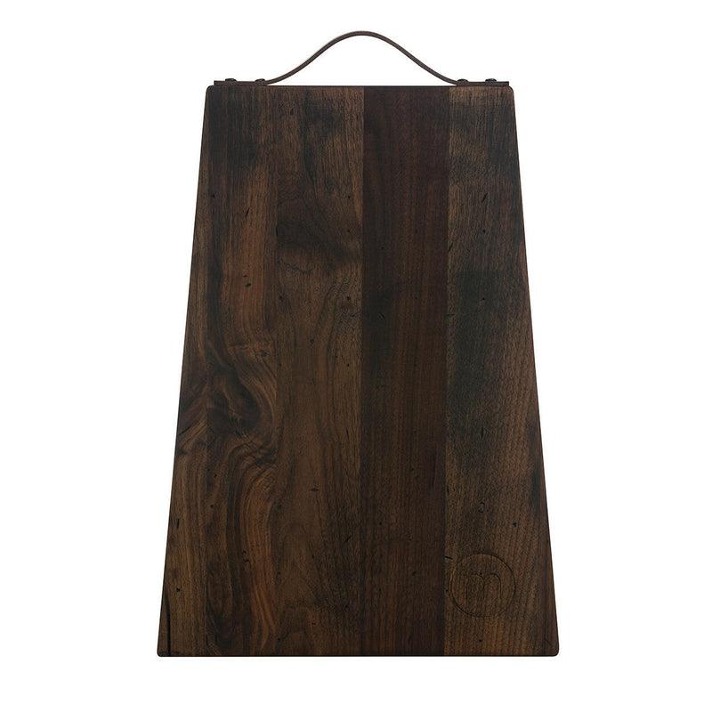 J.K. Adams Rustic Rectangle Serving Board features walnut with a leather handle and antique nails, ideal for serving dishes to 6-10 people.