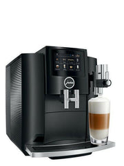 Jura | S8 - Fully Automatic Espresso + Coffee Machine - Piano Black, featuring a sleek design with a 4.3 touchscreen and Fine Foam Frother for premium coffee experiences.