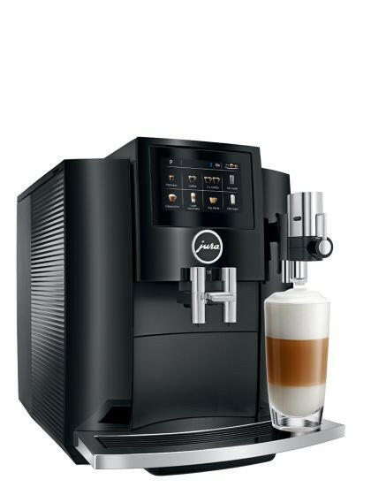 Jura | S8 - Fully Automatic Espresso + Coffee Machine - Piano Black, featuring a sleek design with a 4.3 touchscreen and Fine Foam Frother for premium coffee experiences.